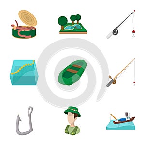 Fishing icons set, cartoon style