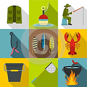 Fishing icons set, flat style