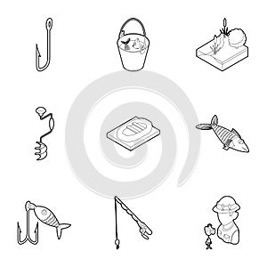 Fishing icons set, outline style