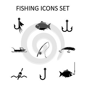 Fishing icons set. Silhouette vector illustration