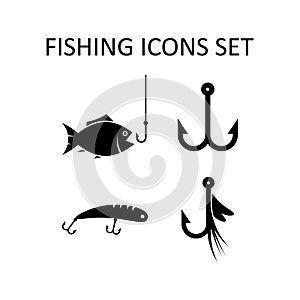 Fishing icons set. Silhouette vector signs