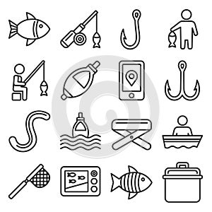 Fishing Icons Set on White Background. Line Style Vector