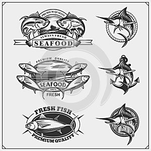 Fishing labels, badges, emblems and design elements. Illustrations of Tuna and Marlin.