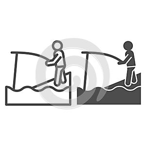 Fishing line and glyph icon. Fisher and rod vector illustration isolated on white. Fisherman outline style design