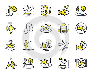 Fishing line icons. Inflatable boat, Worms or Maggot bait and Fishing rod set. Vector