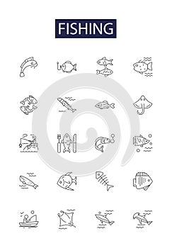 Fishing line vector icons and signs. Reeling, Casting, Trolling, Taungya, Gillnetting, Yoyo, Drift-Netting, Baiting