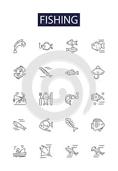 Fishing line vector icons and signs. Reeling, Casting, Trolling, Taungya, Gillnetting, Yoyo, Drift-Netting, Baiting photo