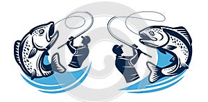 Fishing logo or badge. Fisherman catches big fish on spinning rod. Angling symbol isolated. Vector illustration