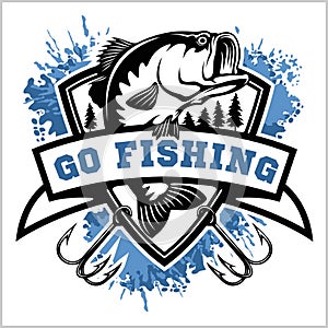 Fishing logo. Bass fish with club emblem. Fishing theme vector illustration.