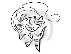 Fishing logo. Black and white illustration of a fish hunting for bait. Predatory fish on the hook. Fishing on the rod