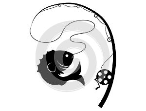 Fishing logo. Black and white illustration of a fish hunting for bait. Predatory fish on the hook. Fishing on the rod