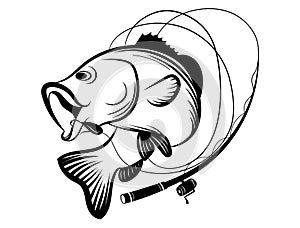 Fishing logo. Black and white illustration of a fish hunting for bait. Predatory fish on the hook. Fishing on the rod