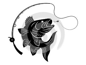 Fishing logo. Black and white illustration of a fish hunting for bait. Predatory fish on the hook. Fishing on the rod photo