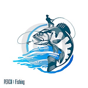 Fishing logo with jumping fish and fisherman