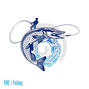 Fishing logo with jumping fish and fisherman