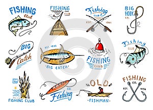 Fishing logo vector fishery logotype with fisherman in boat and emblem with catched fish on fishingrod illustration set