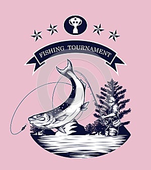 Fishing logos vector by hand drawing