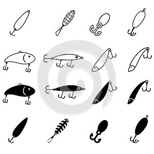 Fishing lure icon vector set. Fishing tackle illustration sign collection. Fishing symbol or logo.