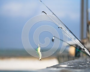 Fishing lure on pier with beach in background