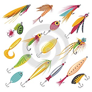 Fishing lures. Fish lure plastic bait crankbait, fishery tackle elements fisher accessories minnow spinning wobbler hand