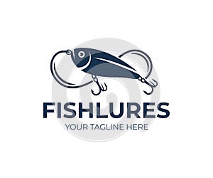 Fishing lures and fish lures, fish, fishing line and hooks, logo design. Animal, wildlife and angling on nature or river, vector d