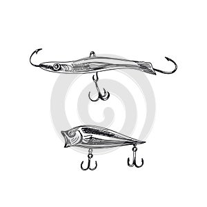 Fishing lures hand drawn black and white vector illustration