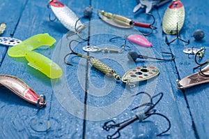 Fishing lures for spinning. Water drops. Tee, lure, soft bait, wobblers, hard bait.