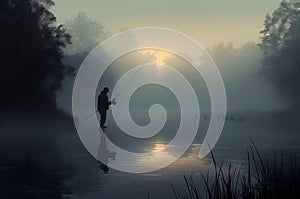 Fishing man dawn. Generate AI