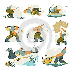 Fishing man with rod and net catching fish vector