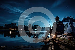 Fishing Man is Sitting at Night by Lake, Fishing Chair, Outdoor Tent, Fisherman Holds a Fishing Rod