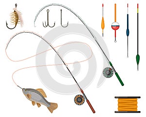 Fishing manufacturers and suppliers icons set. Reel and fishery rod