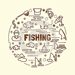 Fishing minimal thin line icons set