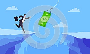 Fishing money chase business concept with businessman running after dangling dollar.