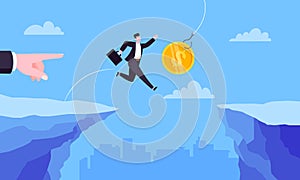 Fishing money chase business concept with businessman running after dangling dollar.