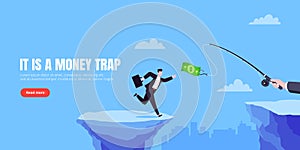 Fishing money chase business concept with businessman running after dangling dollar jumps over the cliff.