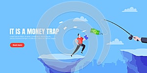 Fishing money chase business concept with businessman running after dangling dollar jumps over the cliff.