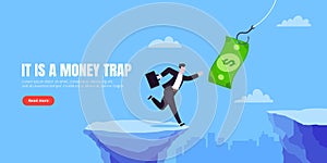 Fishing money chase business concept with businessman running after dangling dollar jumps over the cliff.