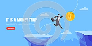 Fishing money chase business concept with businessman running after dangling dollar jumps over the cliff.