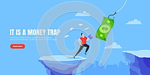 Fishing money chase business concept with businessman running after dangling dollar jumps over the cliff.