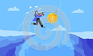 Fishing money chase business concept with businesswoman running after dangling coin.