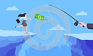 Fishing money chase business concept with businesswoman running after dangling dollar jumps over the cliff.