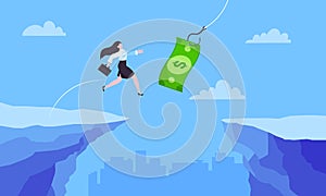 Fishing money chase business concept with businesswoman running after dangling dollar jumps over the cliff.