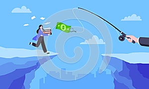 Fishing money chase business concept with businesswoman running after dangling dollar jumps over the cliff.