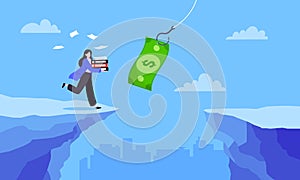 Fishing money chase business concept with businesswoman running after dangling dollar jumps over the cliff.