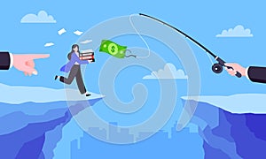 Fishing money chase business concept with businesswoman running after dangling dollar jumps over the cliff.