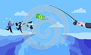 Fishing money chase business concept with people running after dangling dollar.