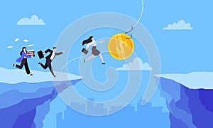Fishing money chase business concept with people running after dangling dollar.