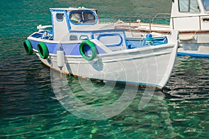 Fishing motorboat floating on island Kalymnos