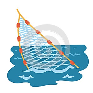 Fishing net abandoned in the sea, cartoon illustration, isolated object on white background, vector illustration