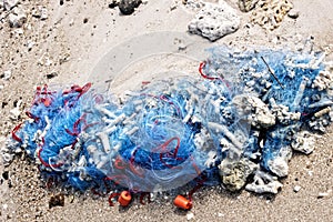 Fishing net is abandoned on shore by poachers photo